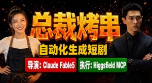Claude Fable5担任导演+Higgsfield MCP落地执行｜《总裁烤串》真人质感短剧全自动AI生成全流程教学-资源站