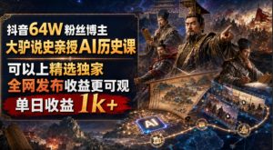 抖音64W粉丝博主大驴说史亲授AI历史课，可以上精选独家，全网发布收益更可观，单日收益1k+-资源站