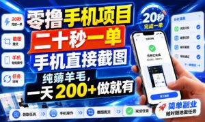 零撸手机项目，二十秒一单，手机直接截图，纯薅羊毛，一天200+做就有【揭秘】-资源站