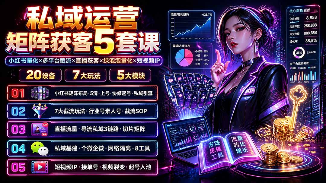 私域运营矩阵获客5套课：小红书量化×多平台截流×直播获客×绿泡泡量化×短视频IP×20设备×7大玩法-资源站