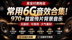 某宝付费购买，常用6G音效合集！970+首宣传片背景音乐，无版权可商用大气素材，分类清晰，高质量内容-资源站