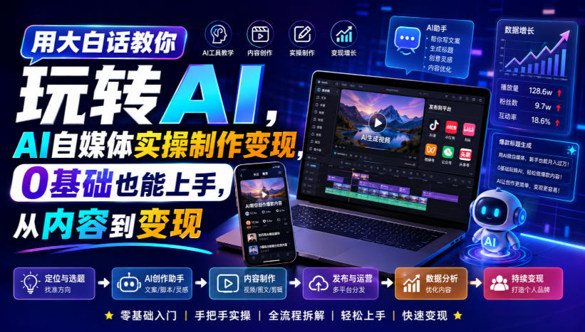 用大白话教你玩转AI，AI自媒体实操制作变现，0基础也能上手，从内容到变现-资源站