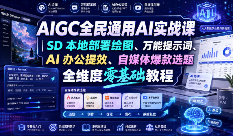 AIGC全民通用AI实战课｜SD本地部署绘图、万能提示词、AI办公提效、自媒体爆款选题全维度零基础教程-资源站