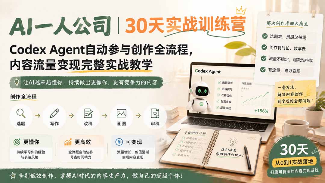AI一人公司｜30天实战训练营；Codex Agent自动参与创作全流程，内容流量变现完整实战教学-资源站