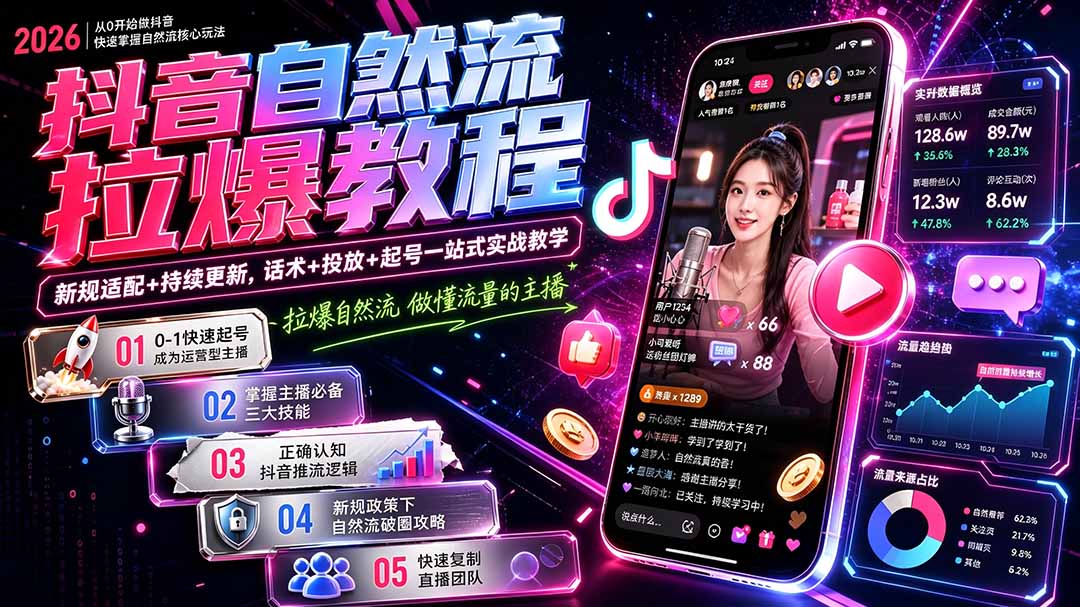 抖音自然流拉爆教程-更新8月：做懂流量的主播，新规适配+持续更新，话术+投放+起号一站式实战教学-资源站