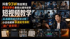 抖音93W粉丝博主老朱故事会亲授AI都市故事短视频教学，从选题到成片的全过程，小白也能够快速起号涨粉接广告变现-资源站
