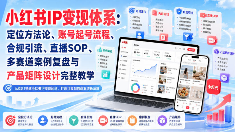 小红书IP变现体系：定位方法论、账号起号流程、合规引流、直播SOP、多赛道案例复盘与产品矩阵设计完整教学-资源站