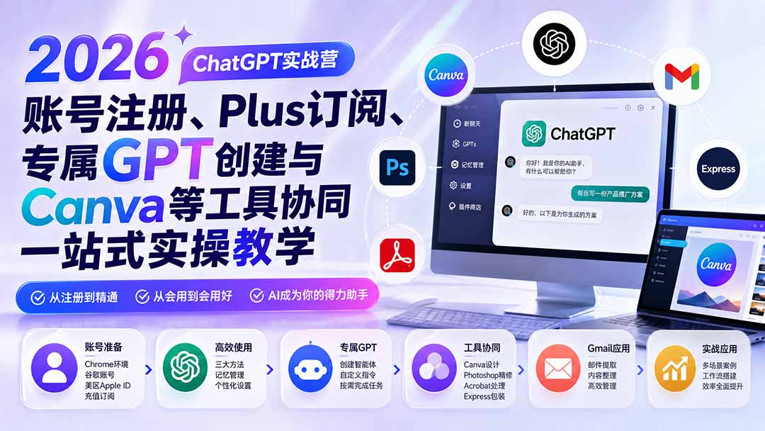 2026 ChatGPT实战营；账号注册、Plus订阅、专属GPT创建与Canva等工具协同一站式实操教学-资源站