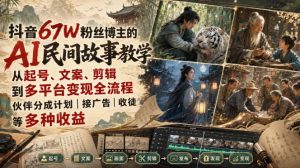 抖音67W粉丝博主的AI民间故事教学,从起号、文案、剪辑到多平台变现全流程,伙伴分成计划接广告等多种收益,月入1W+-资源站