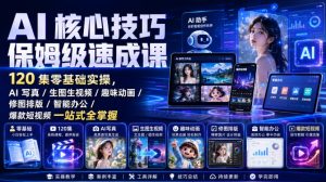 AI核心技巧保姆级速成课｜120集零基础实操，AI写真/生图生视频/趣味动画/修图排版/智能办公/爆款短视频一站式全掌握(更新)-资源站