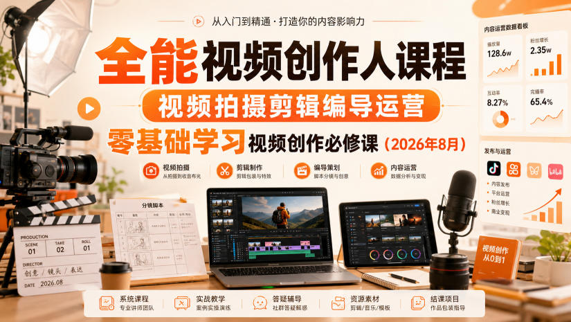 全能视频创作人课程，视频拍摄剪辑编导运营，零基础学习视频创作必修课(2026年8月)-资源站
