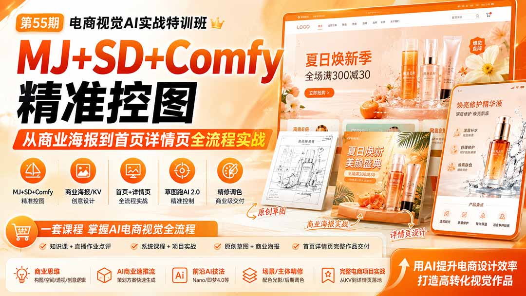 电商视觉 AI实战训练营第55期：MJ+SD+Comfy精准控图，从商业海报到首页详情页全流程实战-资源站