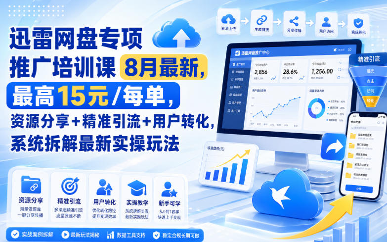 迅雷网盘专项推广培训课8月最新，最高15米/每单，资源分享+精准引流+用户转化，系统拆解最新实操玩法(更新0824)-资源站