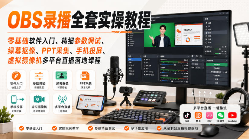 OBS录播全套实操教程｜零基础软件入门、精细参数调试、绿幕抠像、手机投屏、虚拟摄像机多平台直播落地课程-资源站