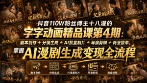 抖音110W粉丝博主十八漫的字字动画精品课第4期：剧本创作+分镜生成+剪辑+商业接单，掌握AI漫剧生成变现全流程-资源站